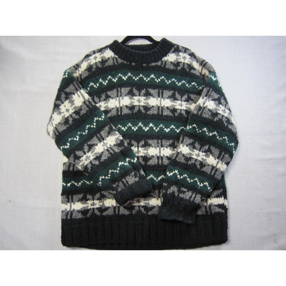 Vintage Afghan Blue Sky 100% Wool Sweater Mens L Fair Isle Chunky Knit Crewneck